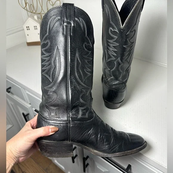 Larry Mahan Vintage Cowboy Boots Black Leather Western Boots Men’s 8.5 Wmn 10 - Picture 7 of 10